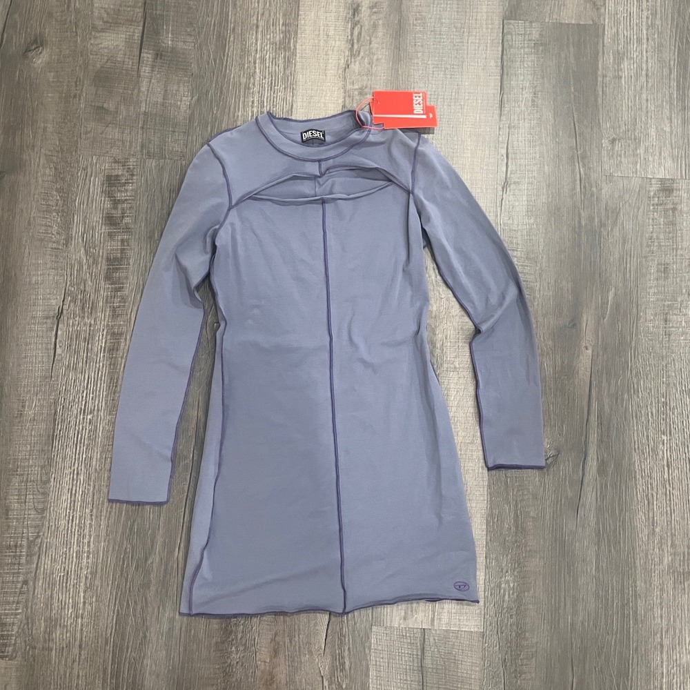 Diesel D-TINEST Mini Dress Blue Cut Out Long Sleeve‎ Contrast Stitch NWT Medium